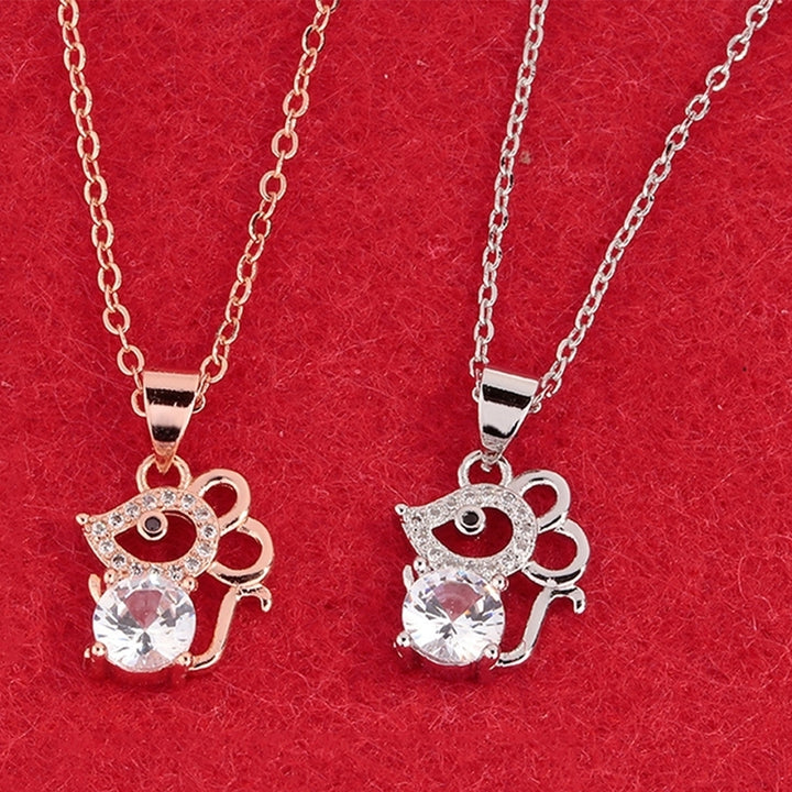 Women Cubic Zirconia Inlaid Mouse Animal Pendant Chain Necklace Jewelry Gift Image 1