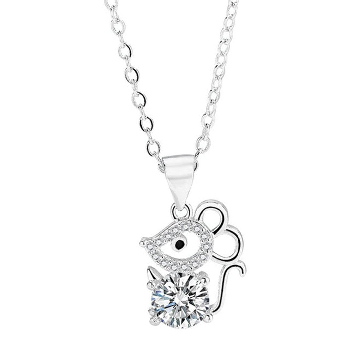 Women Cubic Zirconia Inlaid Mouse Animal Pendant Chain Necklace Jewelry Gift Image 1