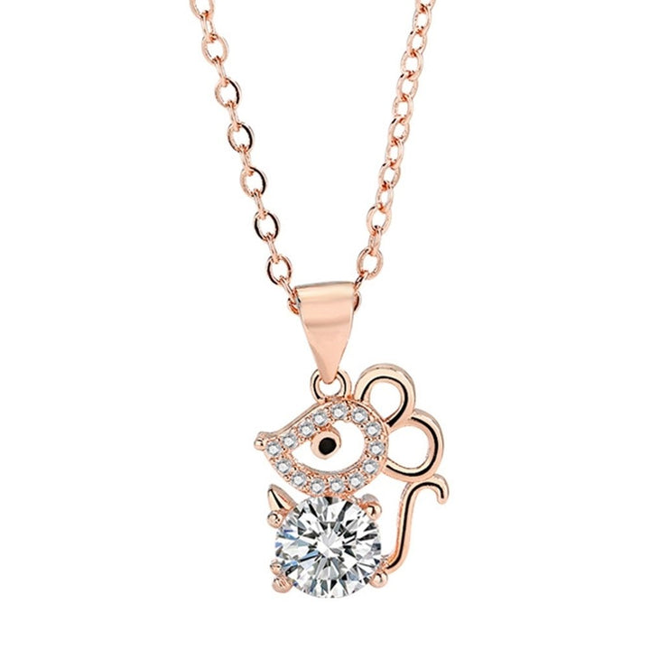 Women Cubic Zirconia Inlaid Mouse Animal Pendant Chain Necklace Jewelry Gift Image 3