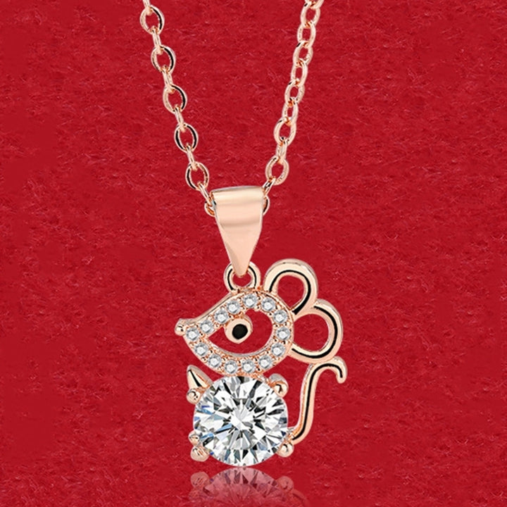 Women Cubic Zirconia Inlaid Mouse Animal Pendant Chain Necklace Jewelry Gift Image 4