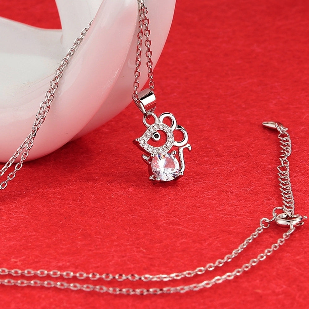 Women Cubic Zirconia Inlaid Mouse Animal Pendant Chain Necklace Jewelry Gift Image 8