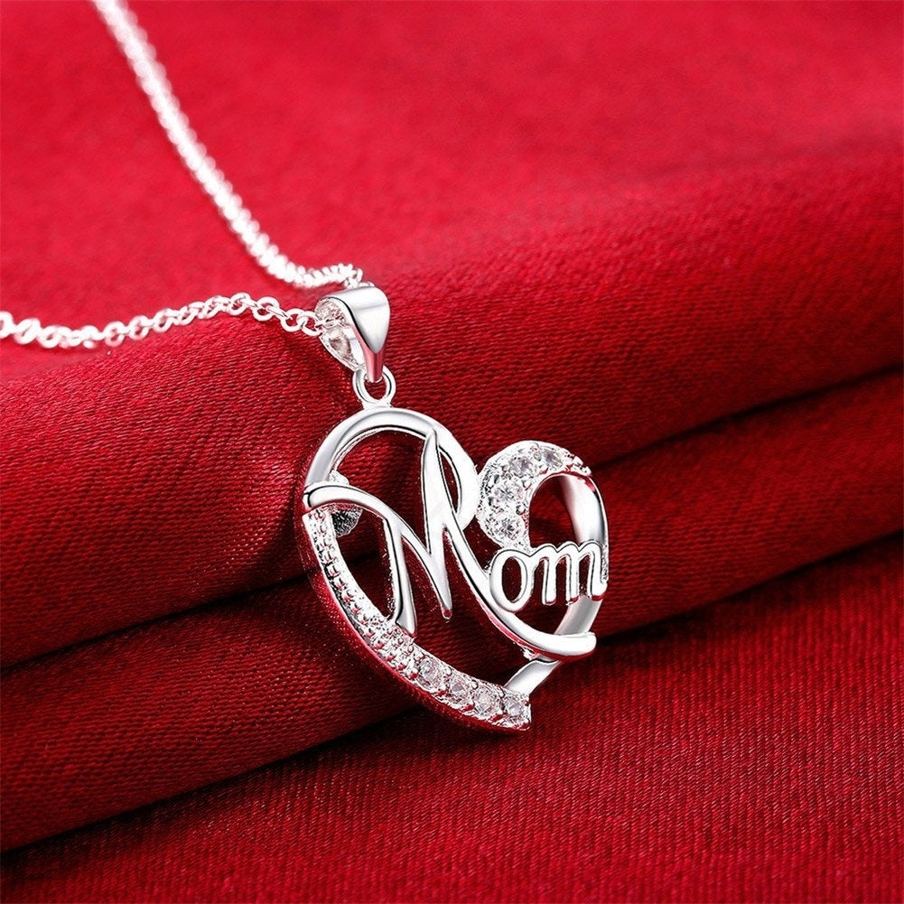 Fashion Rhinestone Mom Letter Love Heart Pendant Necklace Jewelry Birthday Gift Image 7