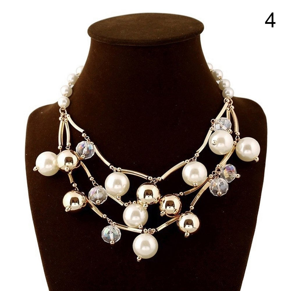 Fashion Women Faux Pearl Multilayer Chain Bib Necklace Statement Jewelry Gift Image 2