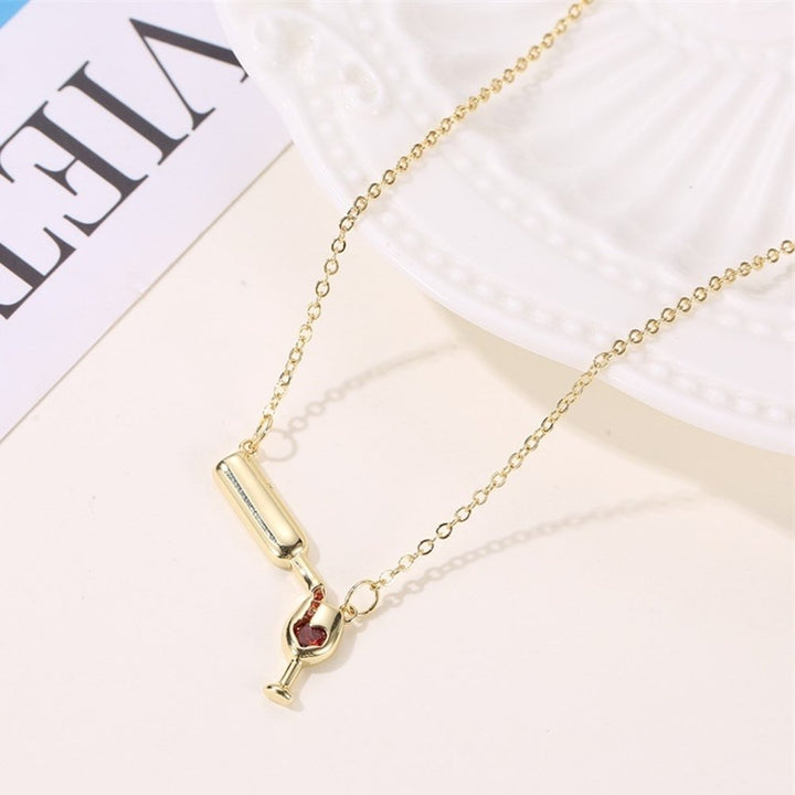 Women Pouring Wine Goblet Faux Ruby Pendant Clavicle Chain Necklace Jewelry Image 4