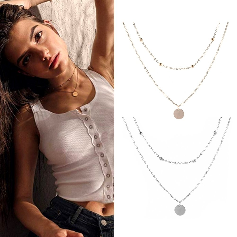 Women 2-Layer Round Disc Dangle Clavicle Chain Choker Necklace Party Jewelry Image 3