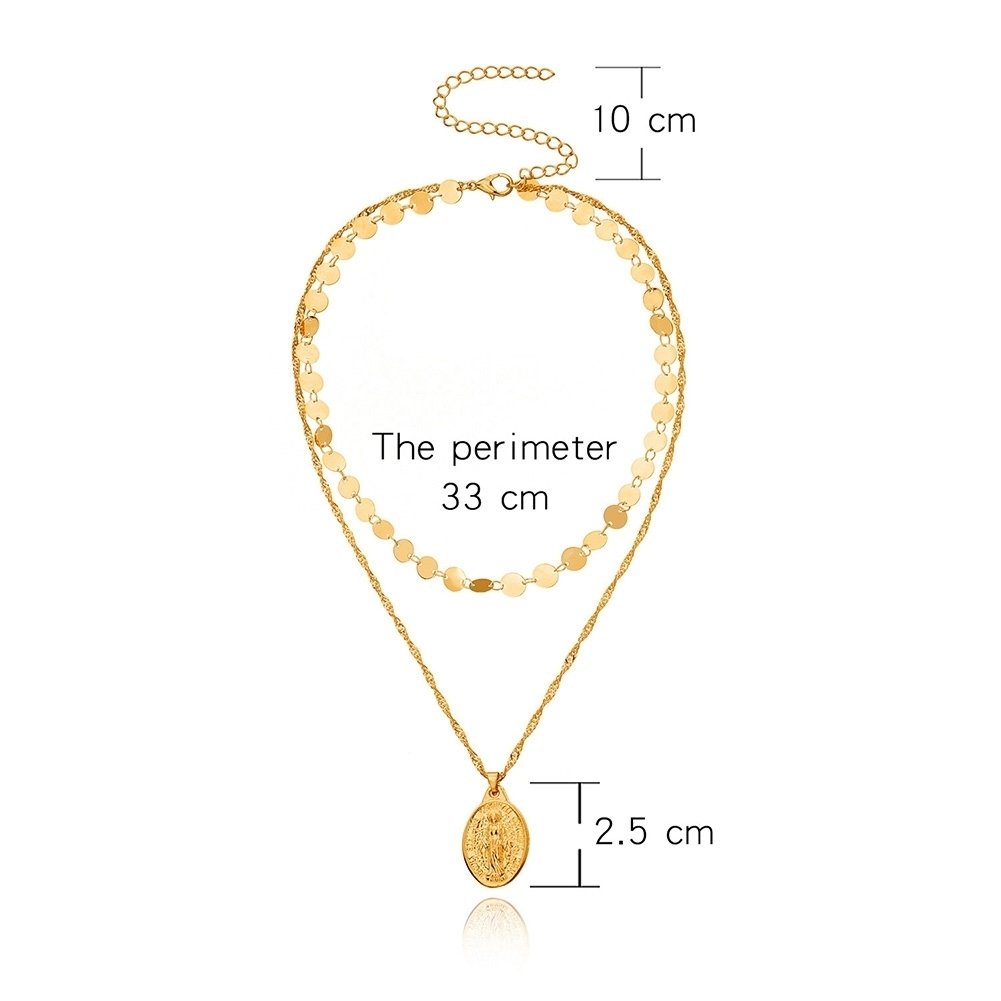 Women Stylish Double Layer Engraved Round Pendant Adjustable Chain Necklace Image 7