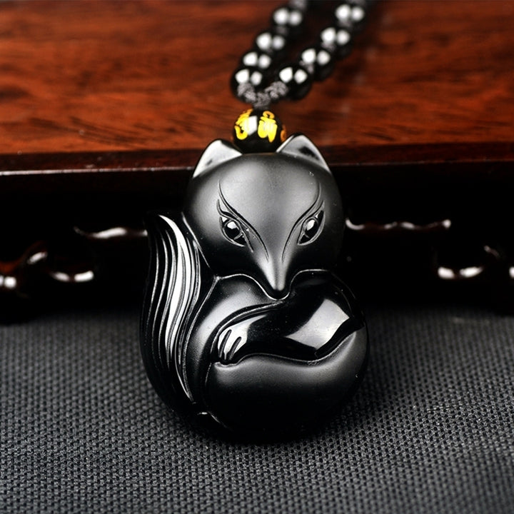 Obsidian Carving Fox Amulet Pendant Bead Chain Necklace Unisex Jewelry Gift Image 1