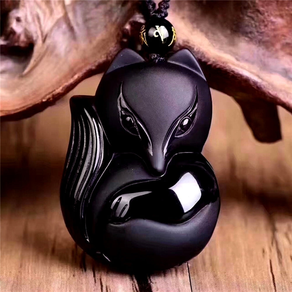 Obsidian Carving Fox Amulet Pendant Bead Chain Necklace Unisex Jewelry Gift Image 2