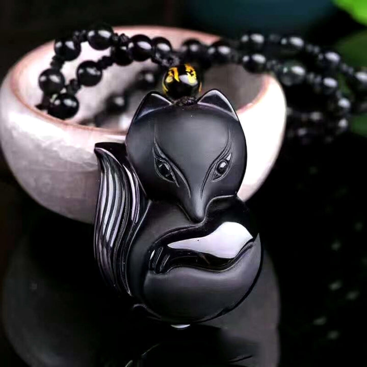 Obsidian Carving Fox Amulet Pendant Bead Chain Necklace Unisex Jewelry Gift Image 3