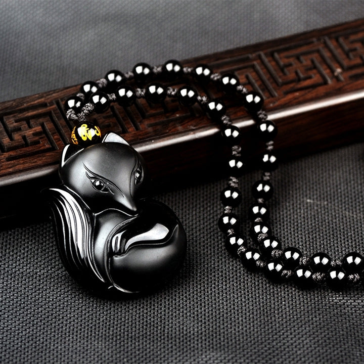 Obsidian Carving Fox Amulet Pendant Bead Chain Necklace Unisex Jewelry Gift Image 4