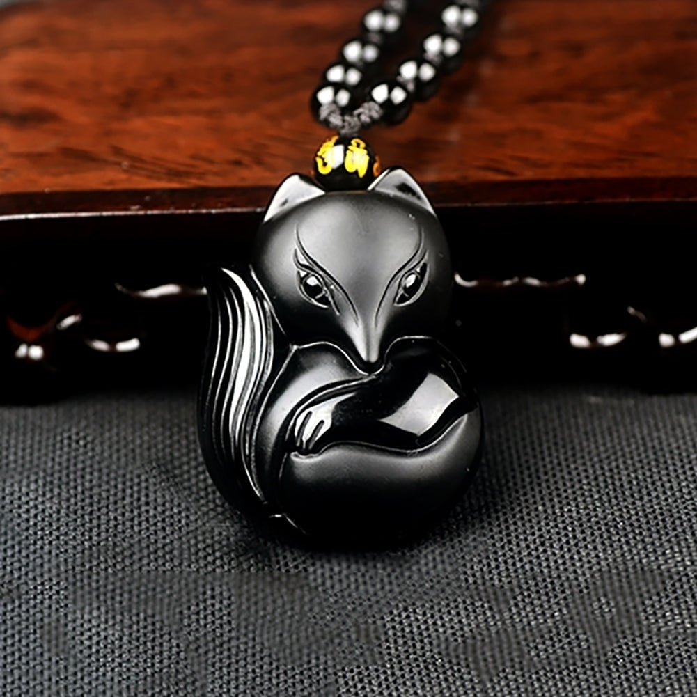 Obsidian Carving Fox Amulet Pendant Bead Chain Necklace Unisex Jewelry Gift Image 4