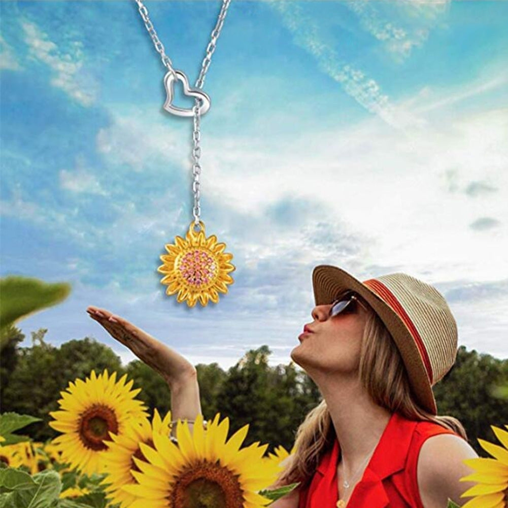 Women Sunflower Heart Rhinestone Pendant Clavicle Chain Necklace Jewelry Gift Image 3