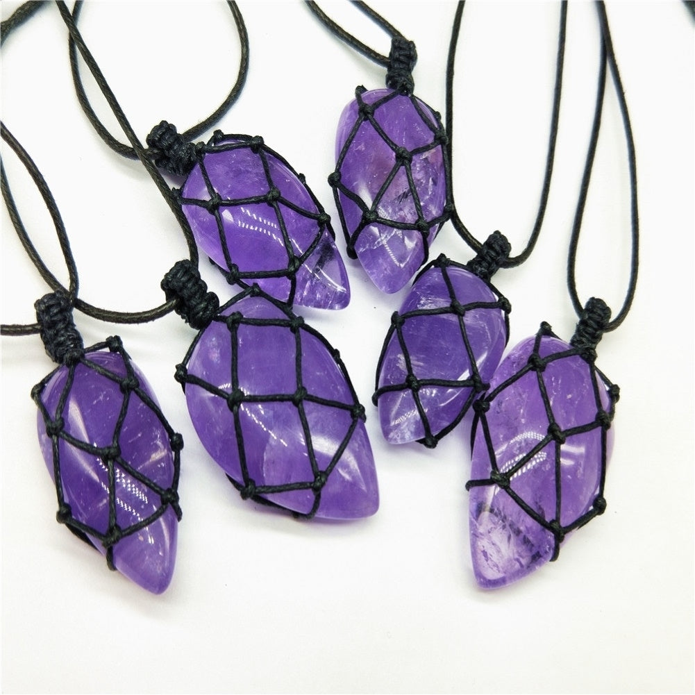 Women Waterdrop Faux Amethyst Stone Pendant Woven Rope Necklace Jewelry Gift Image 3