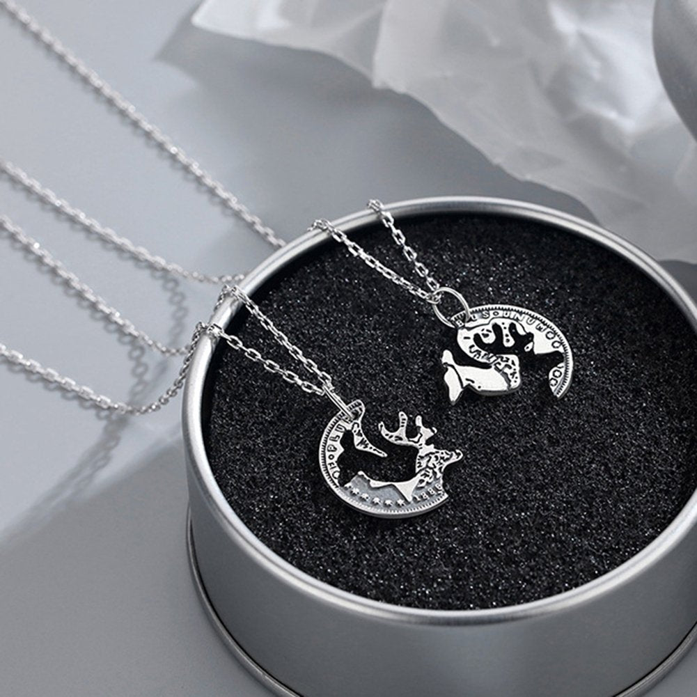 2Pcs Deer Puzzle Disc Pendant Alloy Clavicle Chain Necklace Couple Lover Gift Image 6