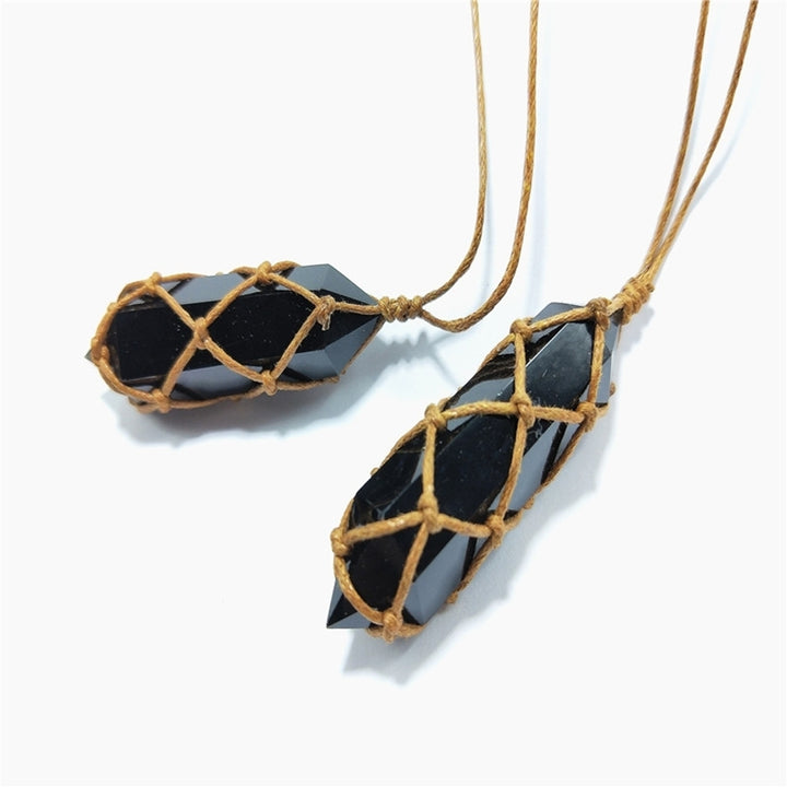 Retro Handmade Weave Rope Faux Obsidian Stone Hexagonal Pendant Necklace Jewelry Image 4