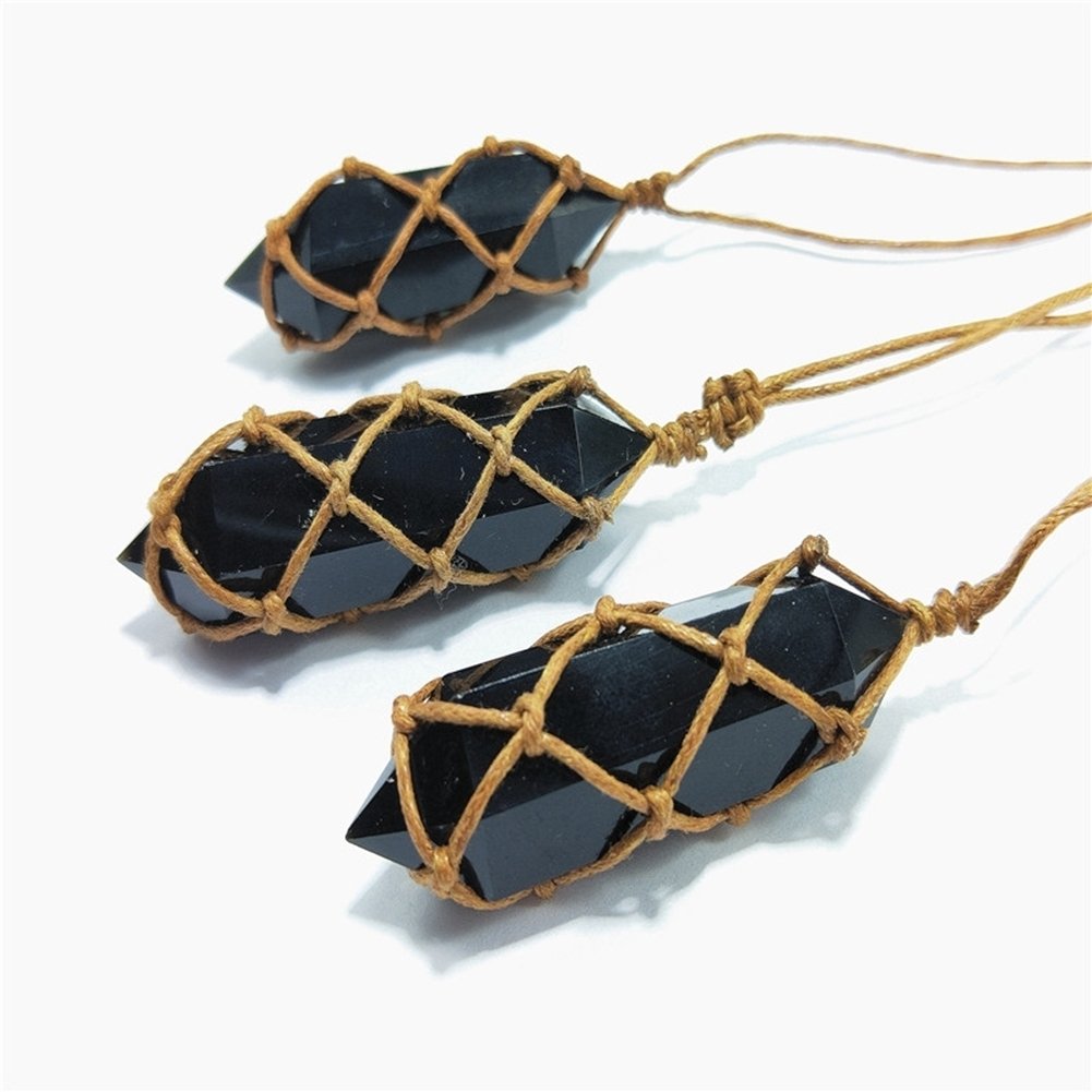 Retro Handmade Weave Rope Faux Obsidian Stone Hexagonal Pendant Necklace Jewelry Image 7