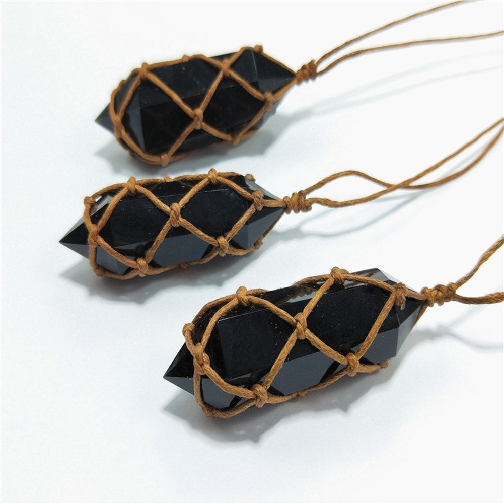 Retro Handmade Weave Rope Faux Obsidian Stone Hexagonal Pendant Necklace Jewelry Image 8