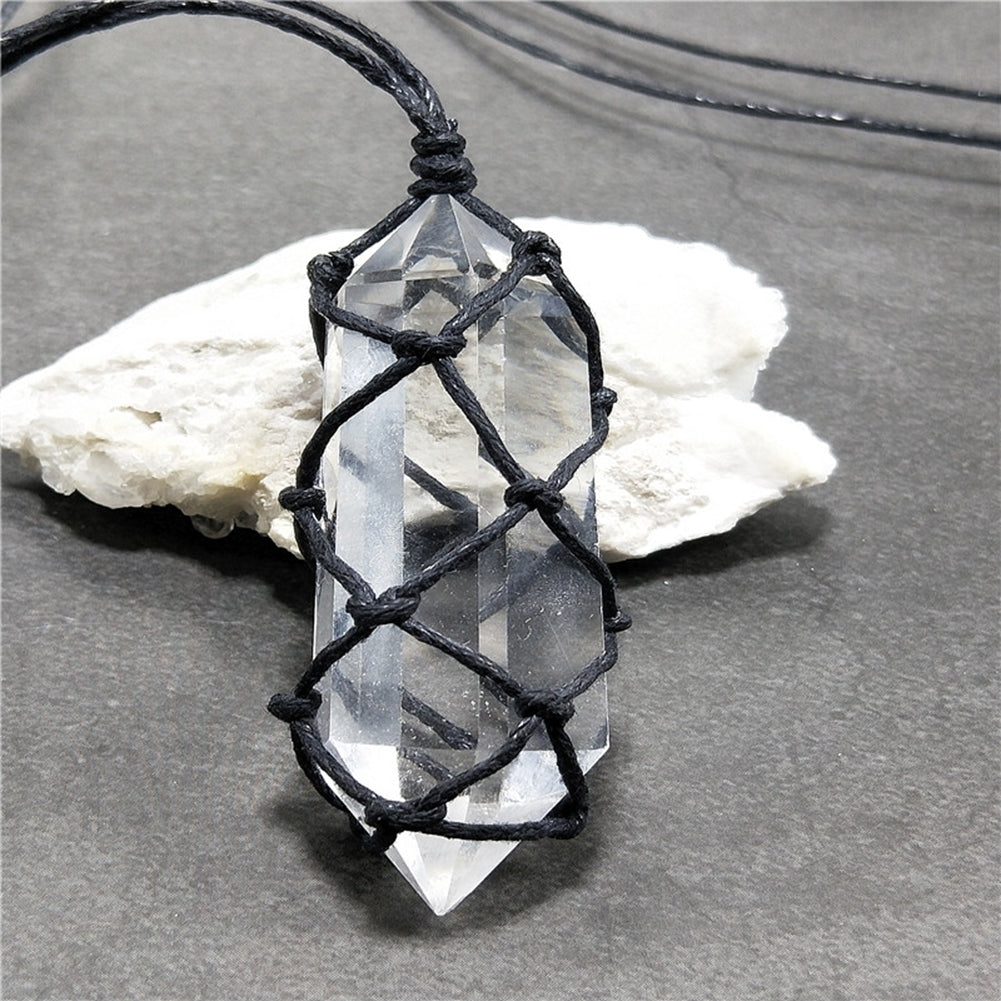 Clear Faux Crystal Stone Hexagonal Pendant Weave Rope Necklace Jewelry Gift Image 9