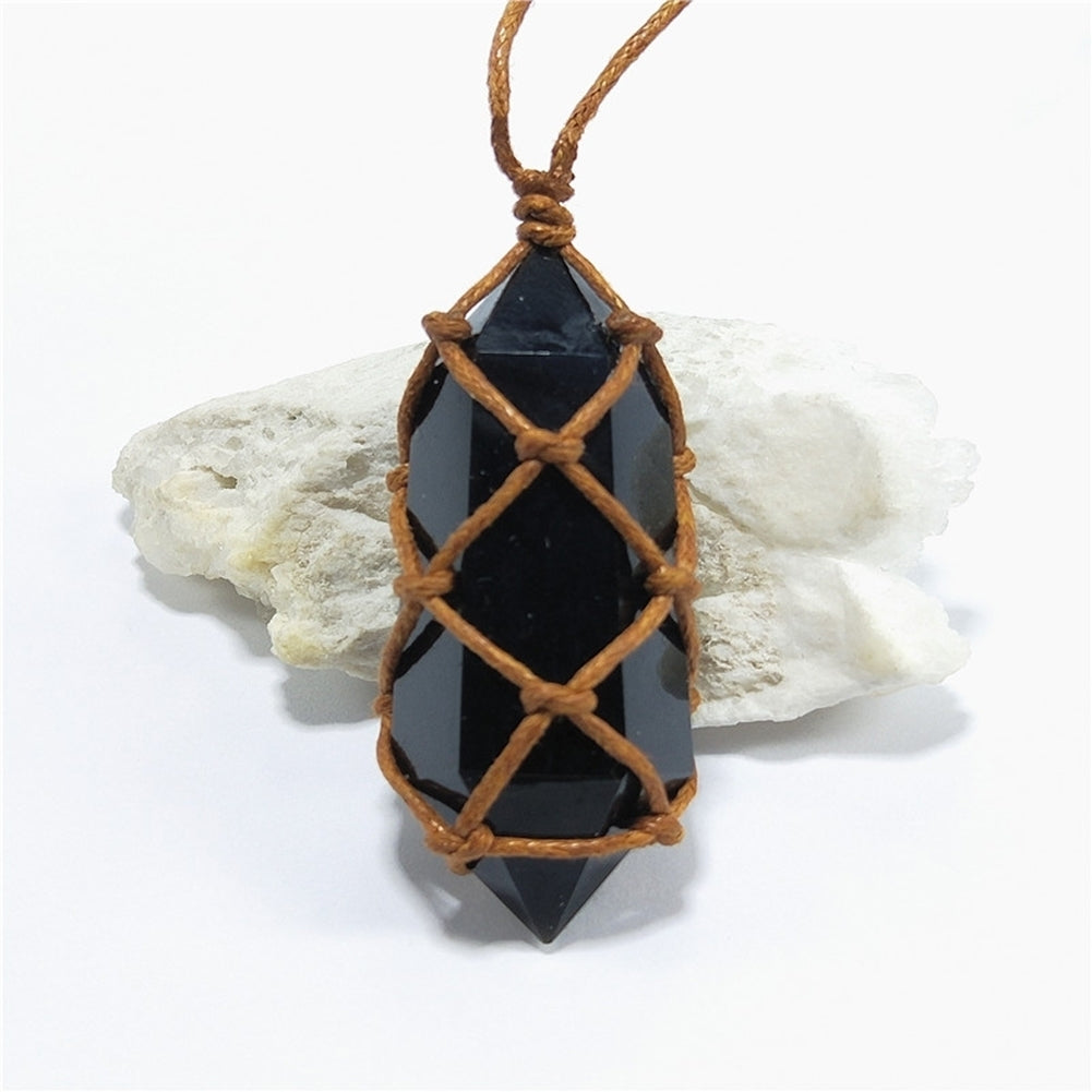 Retro Handmade Weave Rope Faux Obsidian Stone Hexagonal Pendant Necklace Jewelry Image 10