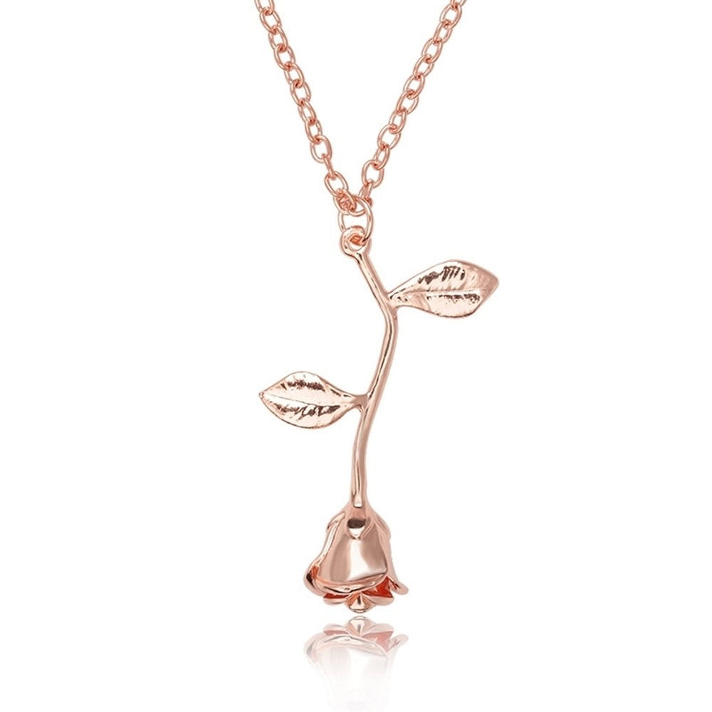 Women Fashion Rose Leaf Pendant Alloy Long Chain Necklace Party Jewelry Gift Image 2