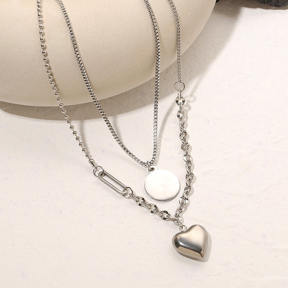 Women Dual Layer Love Heart Round Pendant Simple Elegant Chain Hip-hop Necklace Image 1