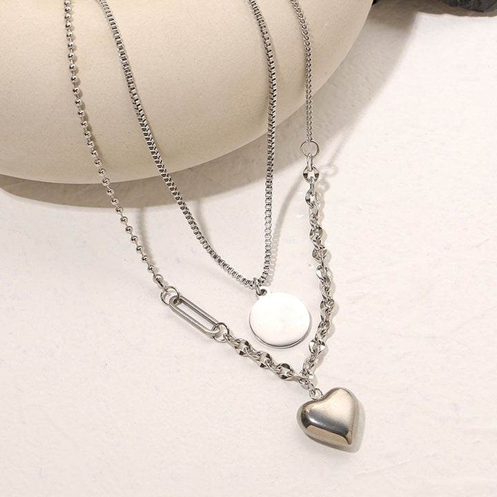 Women Dual Layer Love Heart Round Pendant Simple Elegant Chain Hip-hop Necklace Image 1