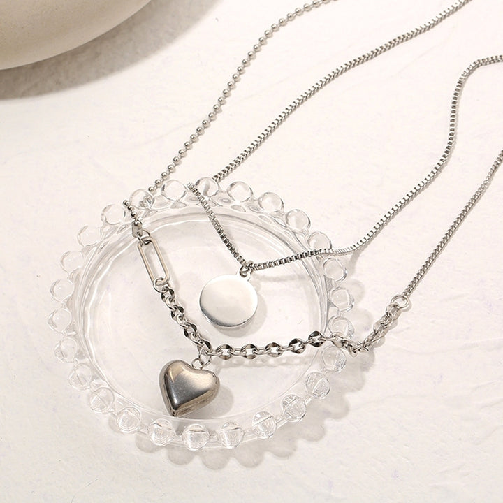 Women Dual Layer Love Heart Round Pendant Simple Elegant Chain Hip-hop Necklace Image 2