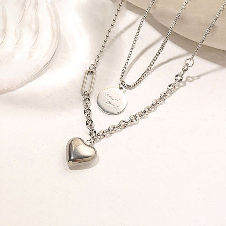 Women Dual Layer Love Heart Round Pendant Simple Elegant Chain Hip-hop Necklace Image 3