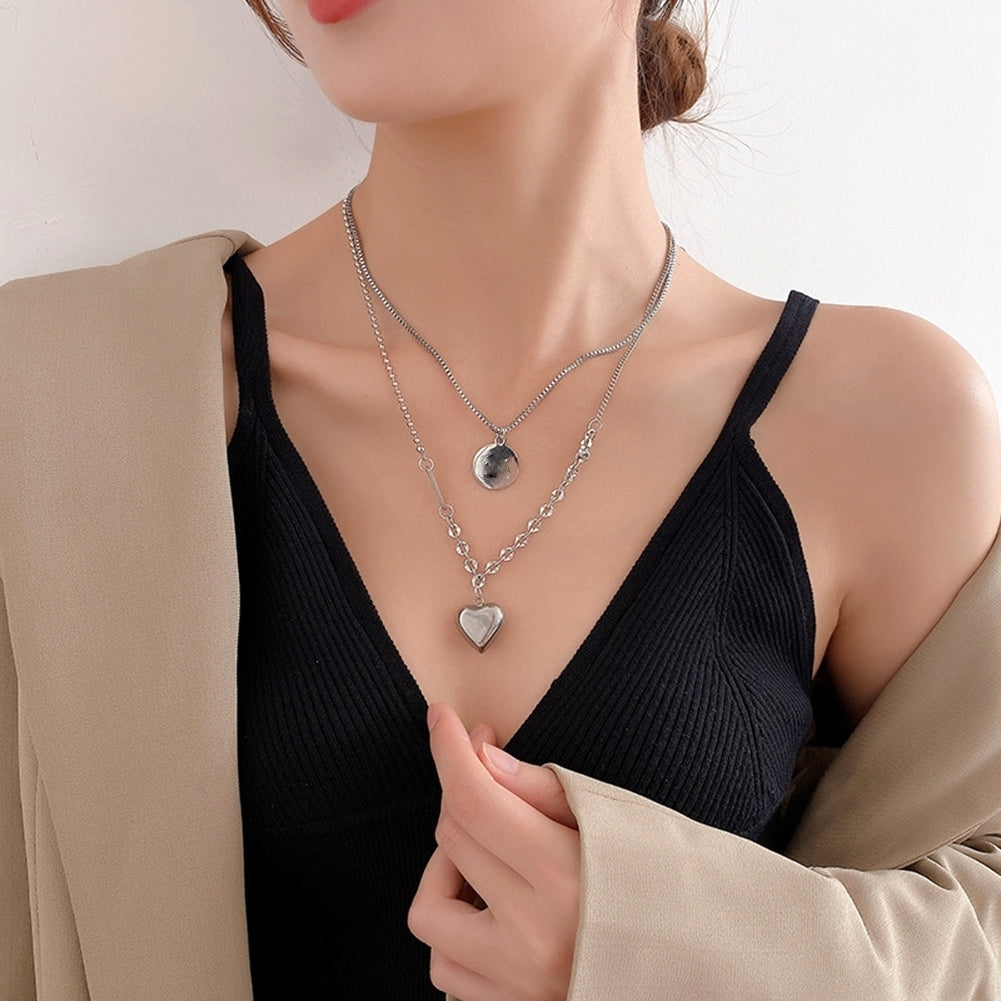 Women Dual Layer Love Heart Round Pendant Simple Elegant Chain Hip-hop Necklace Image 4