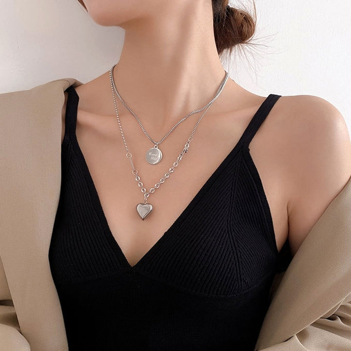 Women Dual Layer Love Heart Round Pendant Simple Elegant Chain Hip-hop Necklace Image 6