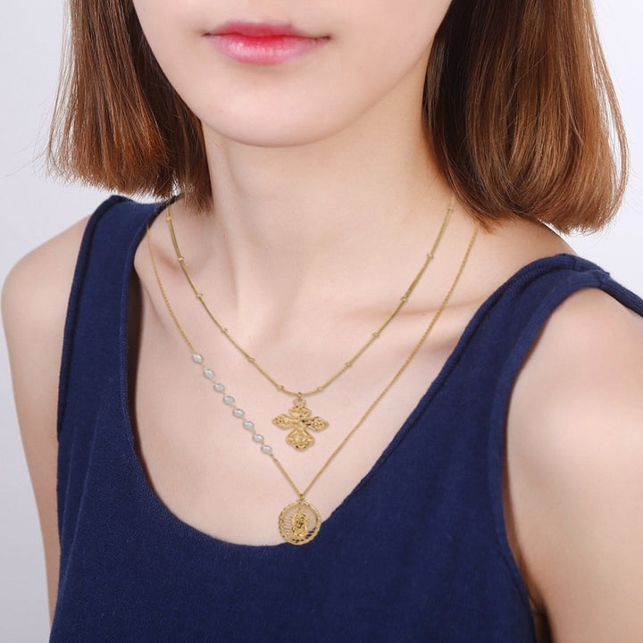 Women Fashion Long Virgin Mary Cross Pendant Multi-layer Necklace Clavicle Chain Image 3