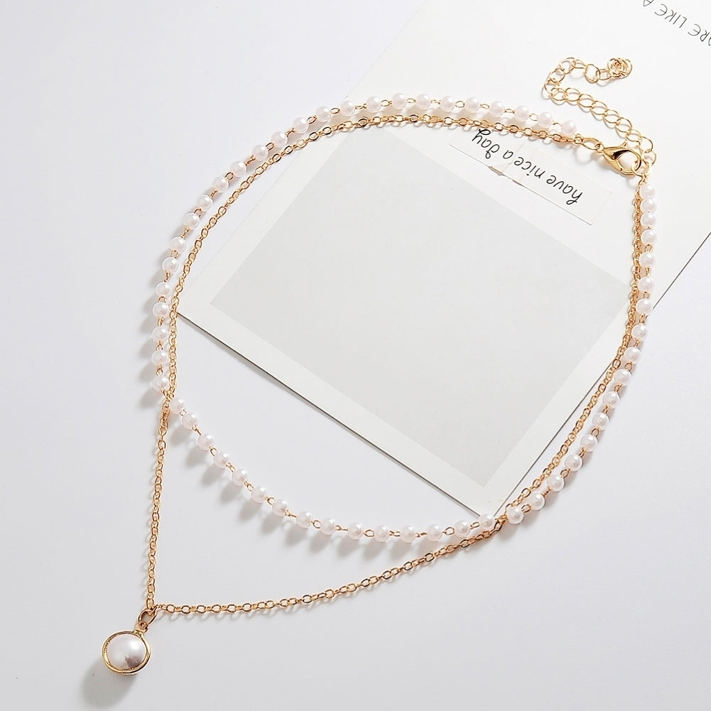 Simple Style Double-Layer Faux Pearl Pendant Necklace Clavicle Chain Jewelry Image 3