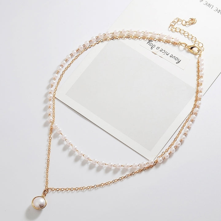 Simple Style Double-Layer Faux Pearl Pendant Necklace Clavicle Chain Jewelry Image 3