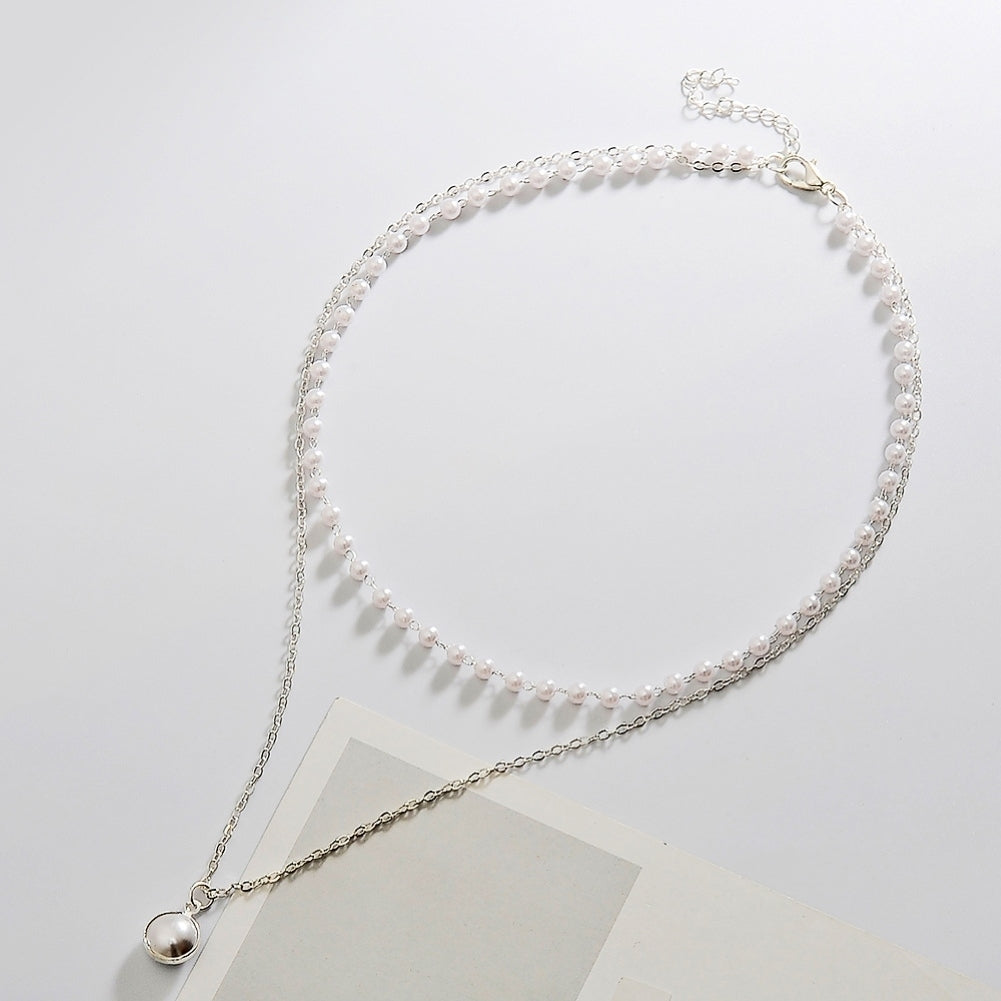 Simple Style Double-Layer Faux Pearl Pendant Necklace Clavicle Chain Jewelry Image 4