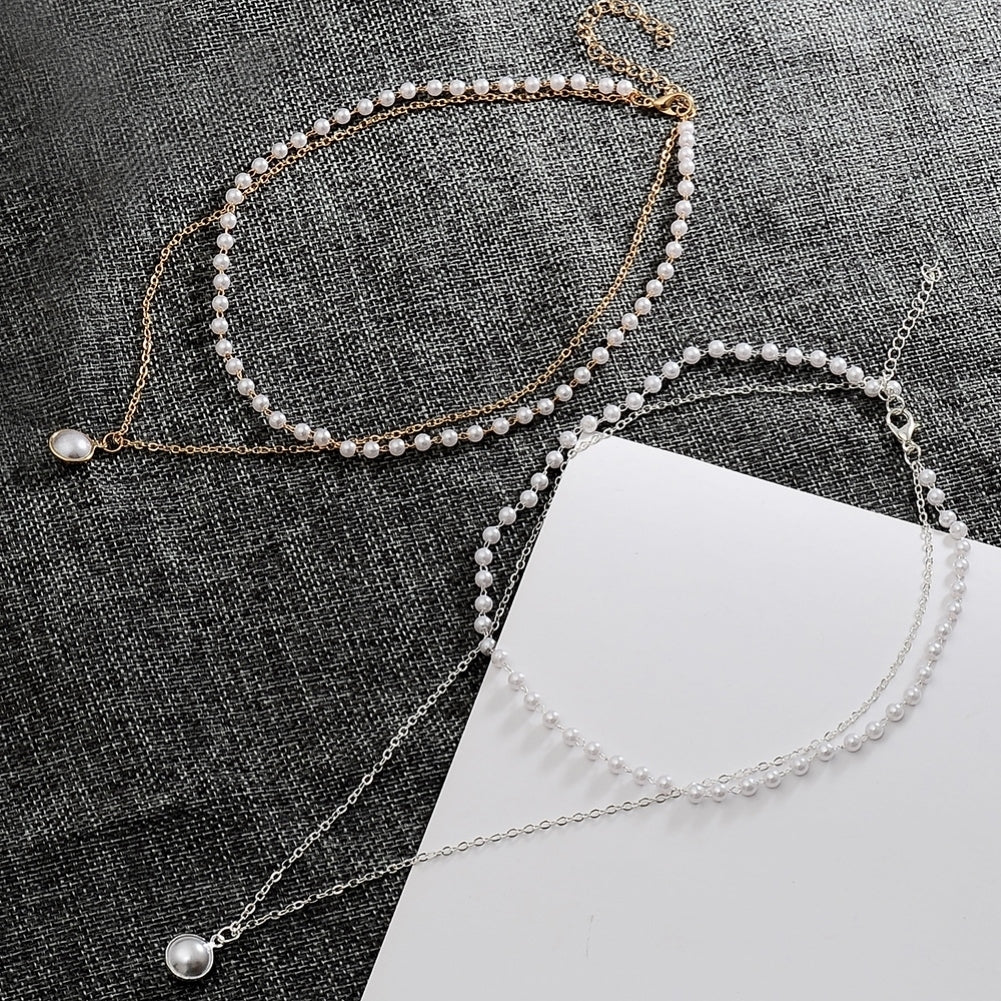 Simple Style Double-Layer Faux Pearl Pendant Necklace Clavicle Chain Jewelry Image 4