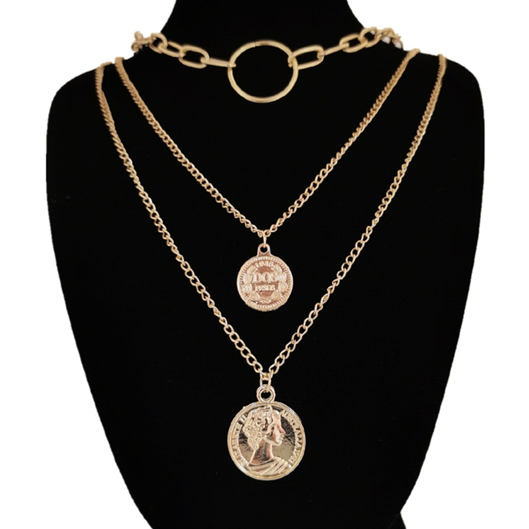 Women Fashion 3-layers Human Head Coin Pendant Chain Necklace Party Jewelry Gift Image 4