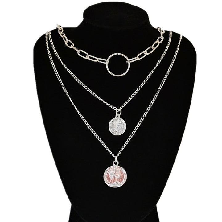 Women Fashion 3-layers Human Head Coin Pendant Chain Necklace Party Jewelry Gift Image 4