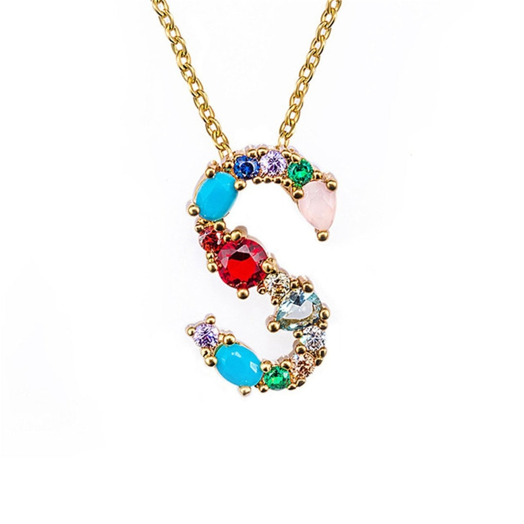 A-Z 26 English Alphabet Letter Necklace Multicolor Rhinestone Inlaid Pendant Image 1