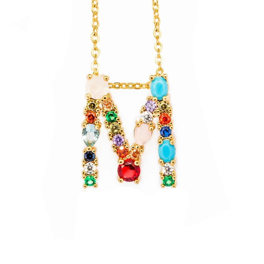 A-Z 26 English Alphabet Letter Necklace Multicolor Rhinestone Inlaid Pendant Image 1