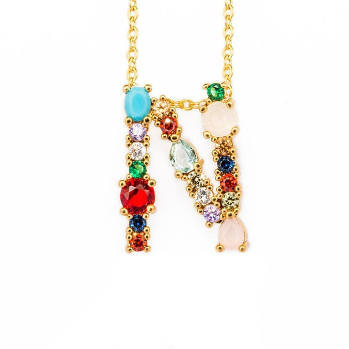 A-Z 26 English Alphabet Letter Necklace Multicolor Rhinestone Inlaid Pendant Image 1