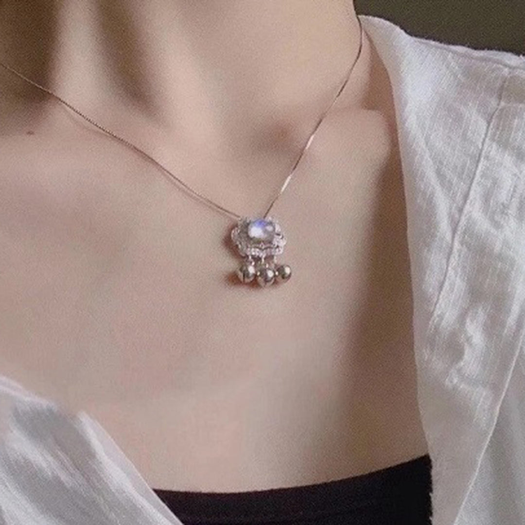 Women Moonstone Peace Longevity Lock Necklace Bells Clavicle Chain Jewelry Gift Image 4