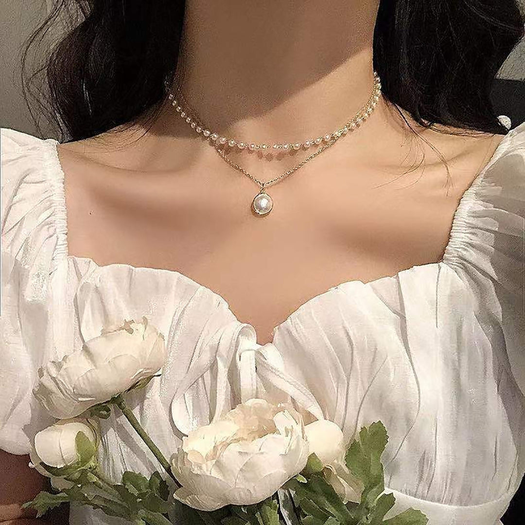 Pearl Necklace Double-layer Simple Alloy Female Clavicle Chain for Party Image 6