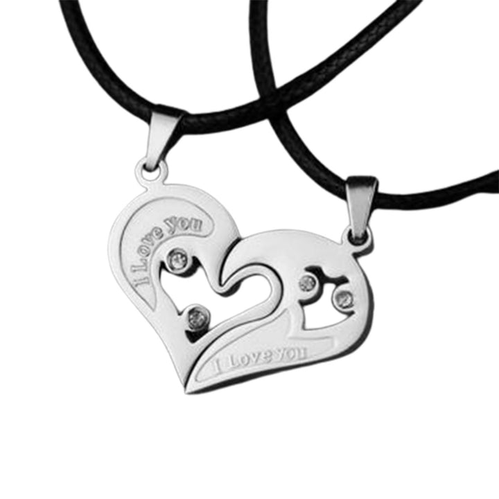 2Pcs Heart Pendant Simple Titanium Steel Love Rhinestone Couple Clavicle Necklace for Valentine Day Image 3