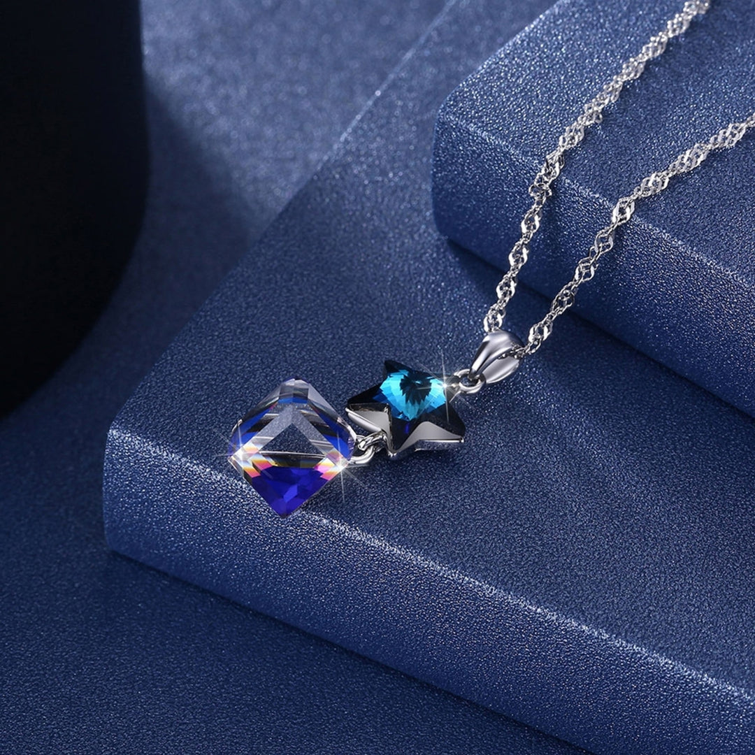 SILVERHOO Women Necklace Star Pendant Faux Crystal Jewelry Blue Square Long Lasting Choker Necklace for Wedding Image 2