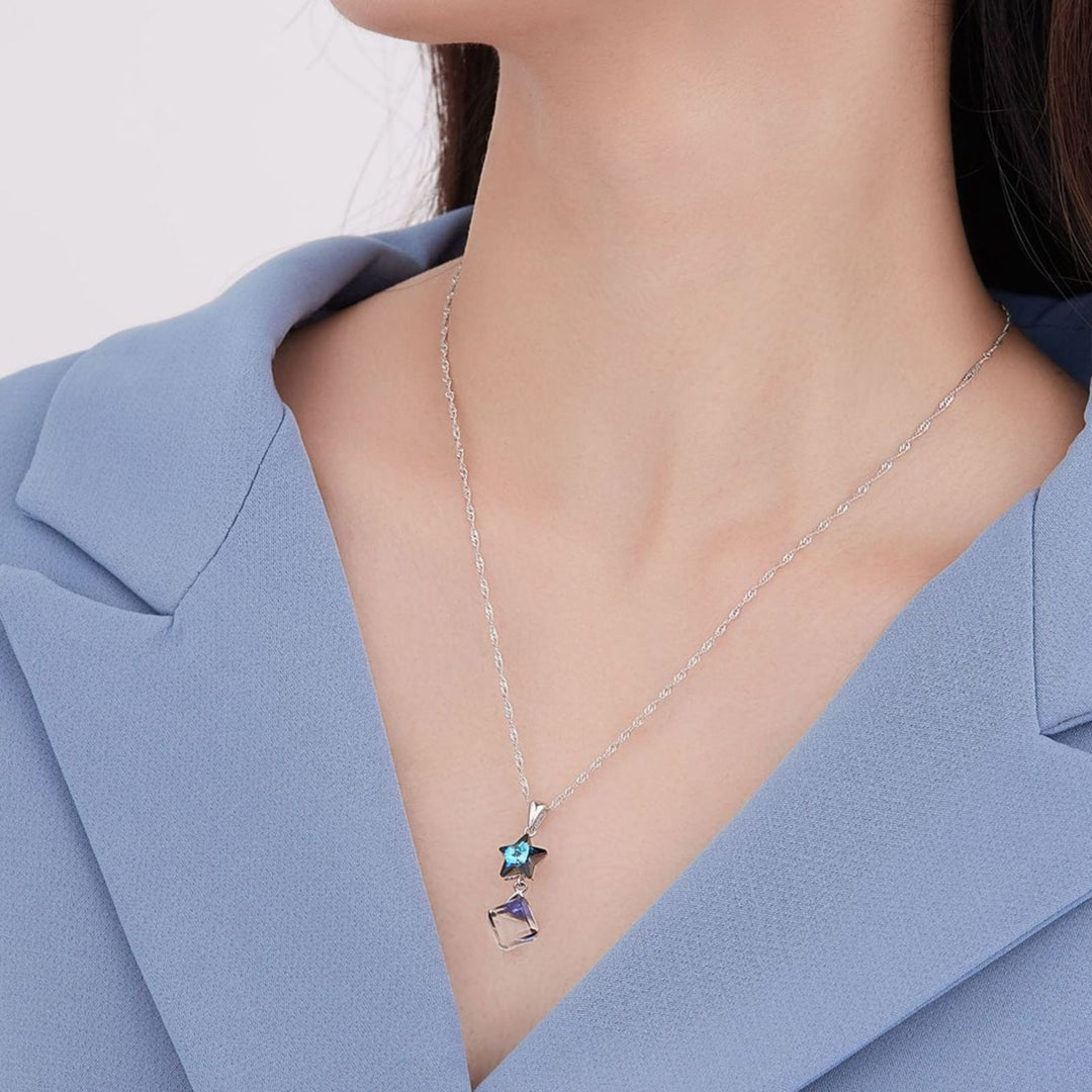 SILVERHOO Women Necklace Star Pendant Faux Crystal Jewelry Blue Square Long Lasting Choker Necklace for Wedding Image 9