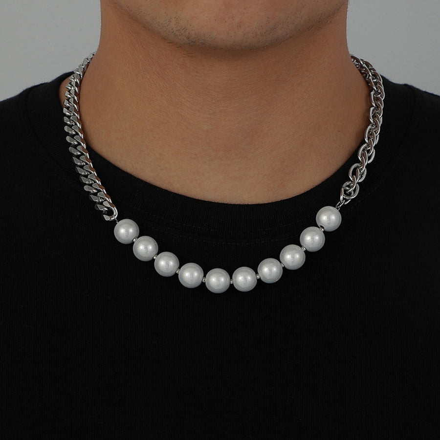 Men Necklace Polished Stainless Steel Cool Offish Bland Imitation Pearl Joint Choker Necklace for Decoration Image 1