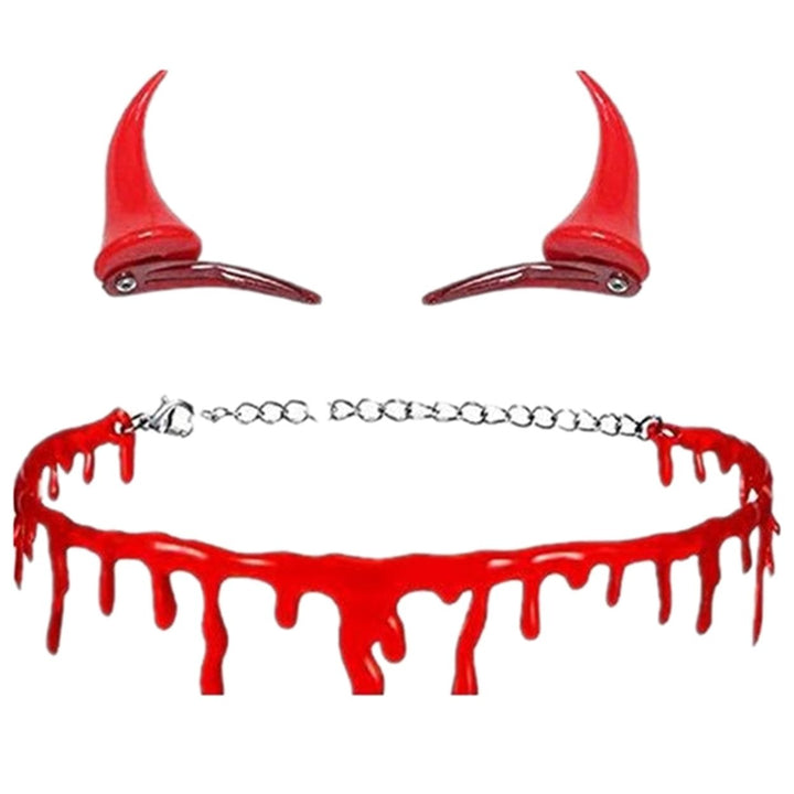 2Pcs Dripping Blood Necklace Small Demon Devil Horn Hair Clips Funny Halloween Hairpins Horrible Necklace Cosplay Image 1