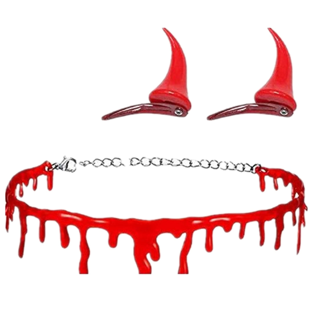 2Pcs Dripping Blood Necklace Small Demon Devil Horn Hair Clips Funny Halloween Hairpins Horrible Necklace Cosplay Image 3