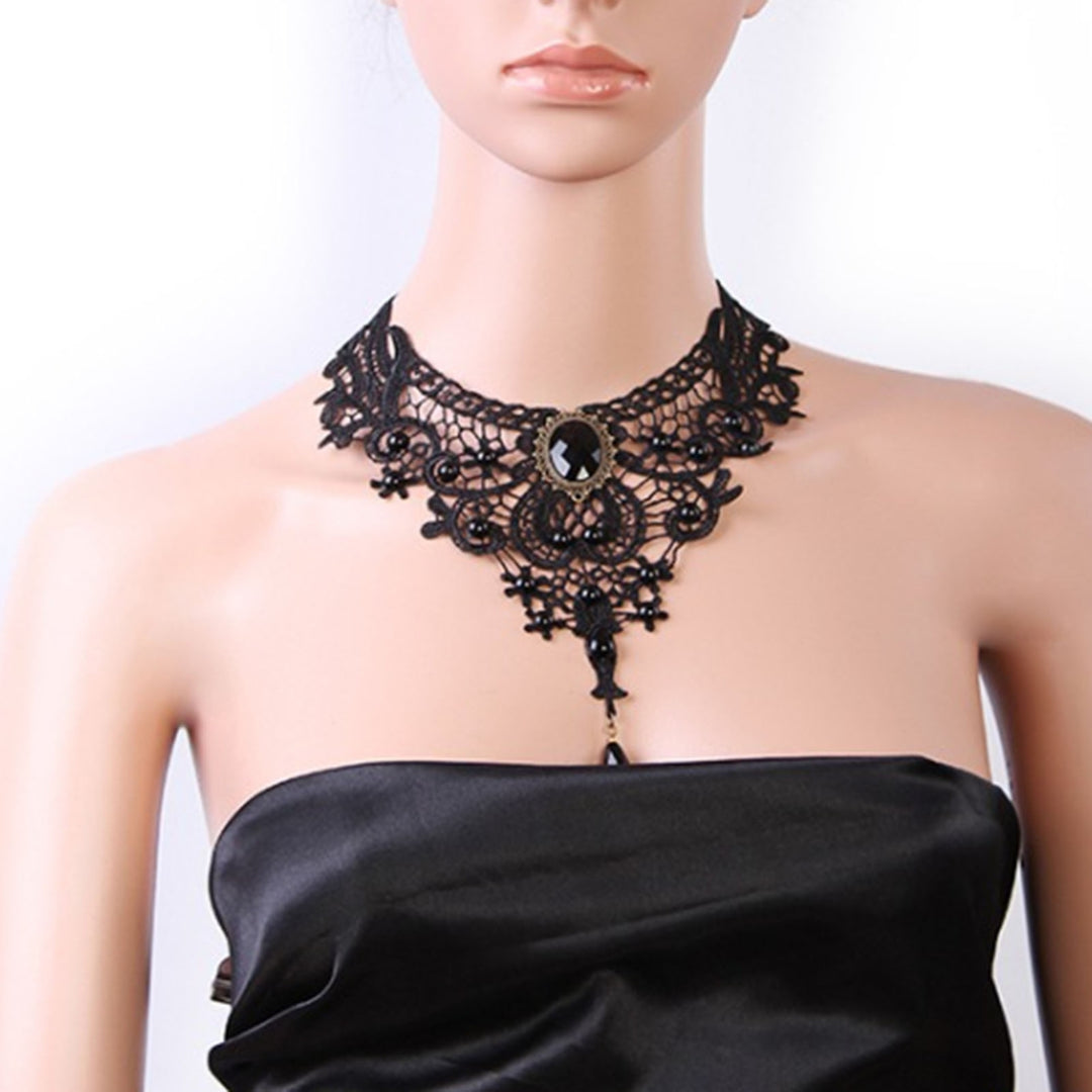 Women Necklace Lace Beads Black Hollow Out Adjustable Choker Necklace for Party Image 1