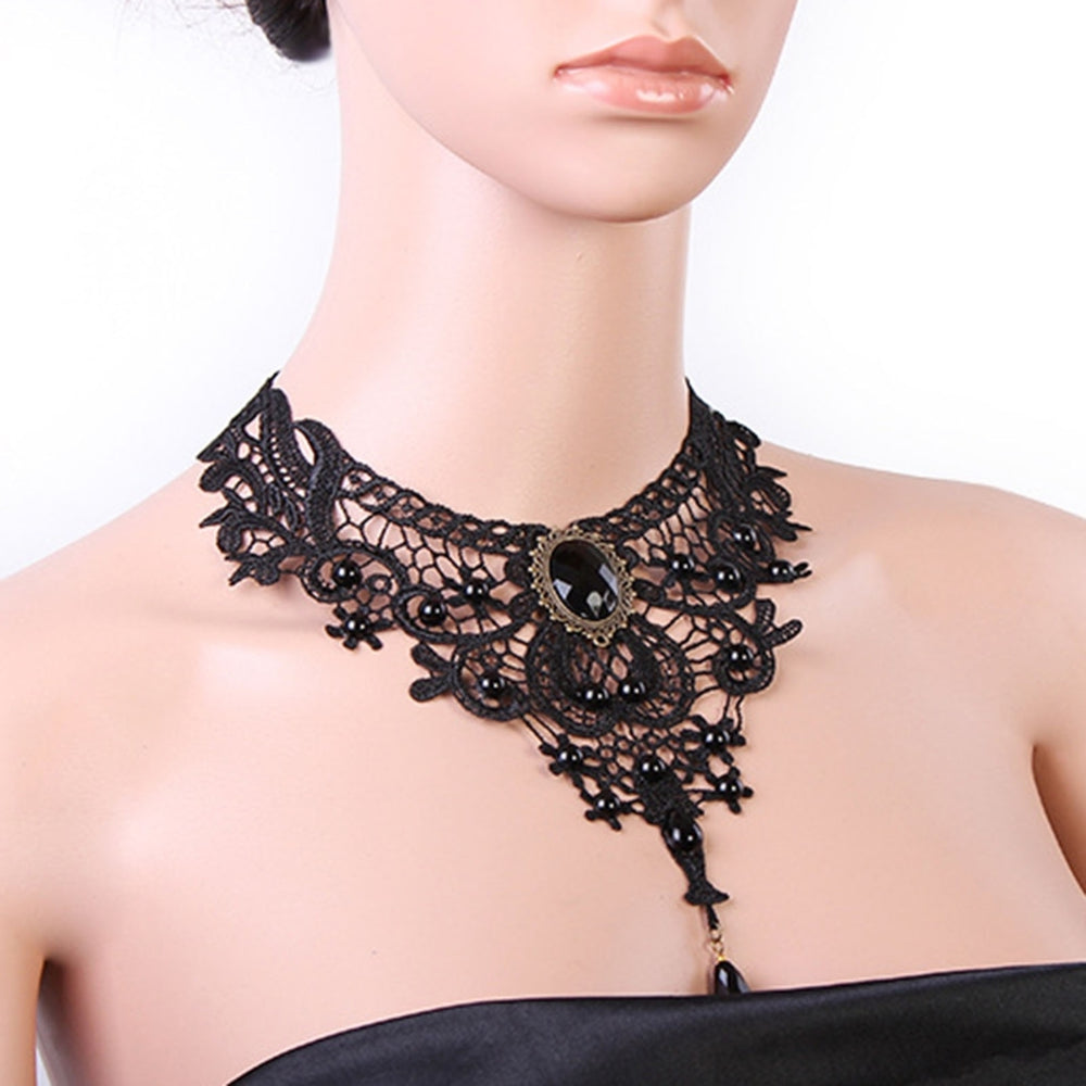 Women Necklace Lace Beads Black Hollow Out Adjustable Choker Necklace for Party Image 2